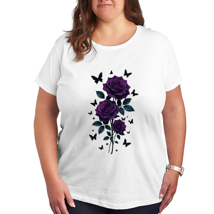 Dreamy Dark Purple Rose & Butterfly Botanical Plus Size Women Printed T-Shirt