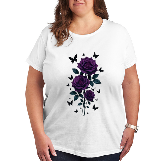 Dreamy Dark Purple Rose & Butterfly Botanical Plus Size Women Printed T-Shirt