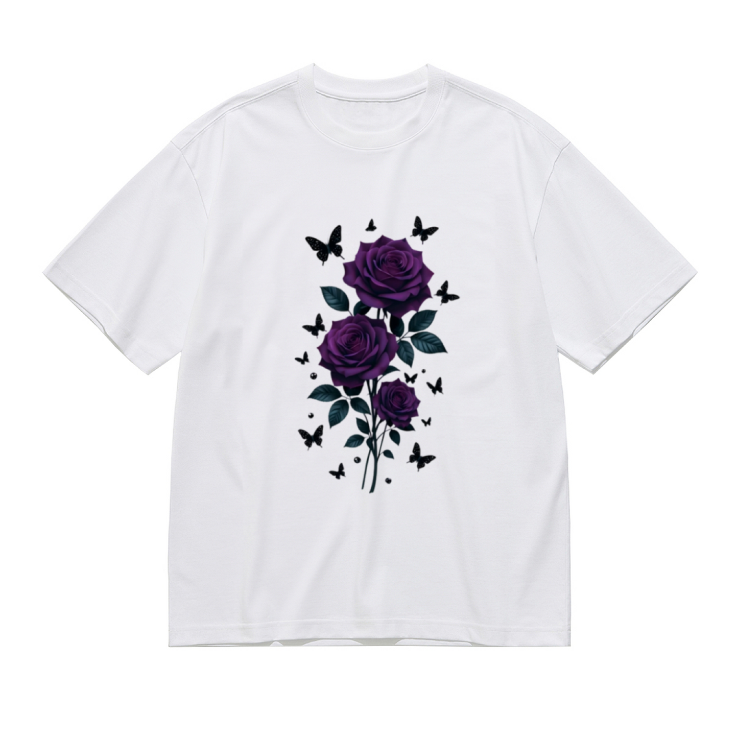 Dreamy Dark Purple Rose & Butterfly Botanical Plus Size Women Printed T-Shirt