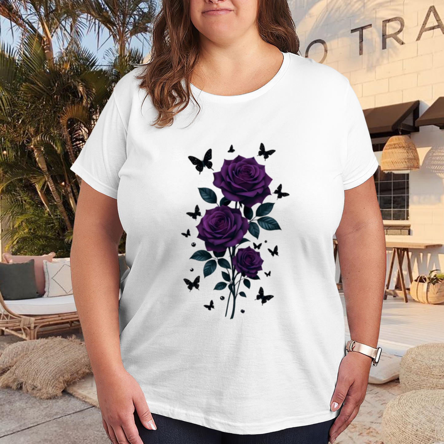 Dreamy Dark Purple Rose & Butterfly Botanical Plus Size Women Printed T-Shirt