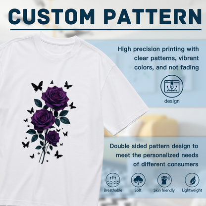 Dreamy Dark Purple Rose & Butterfly Botanical Plus Size Women Printed T-Shirt