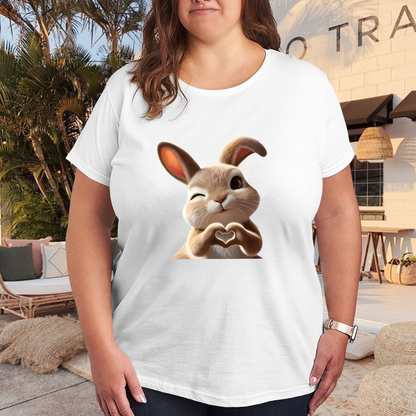 Adorable Wink Bunny Making Heart Hands Sweet Print Plus Size Women Printed T-Shirt