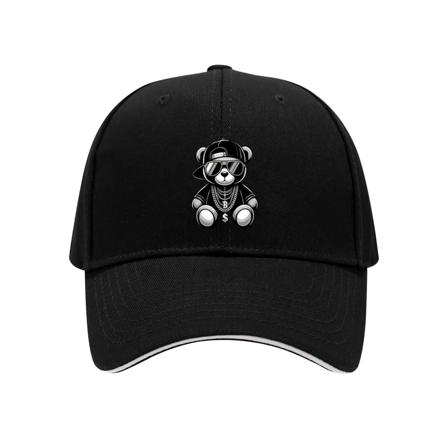 Hip-Hop Cool Teddy Bear Black Sandwich Brim Baseball Cap Street Rap Style Hat
