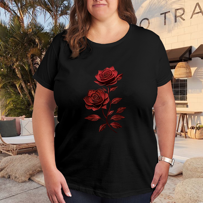 Classic Deep Red Vintage Lace Rose Romantic Plus Size Women Printed T-Shirt
