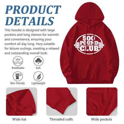 500 Pound Club Weightlifting Red Mens Hoodie, Comfort Gym Pullover