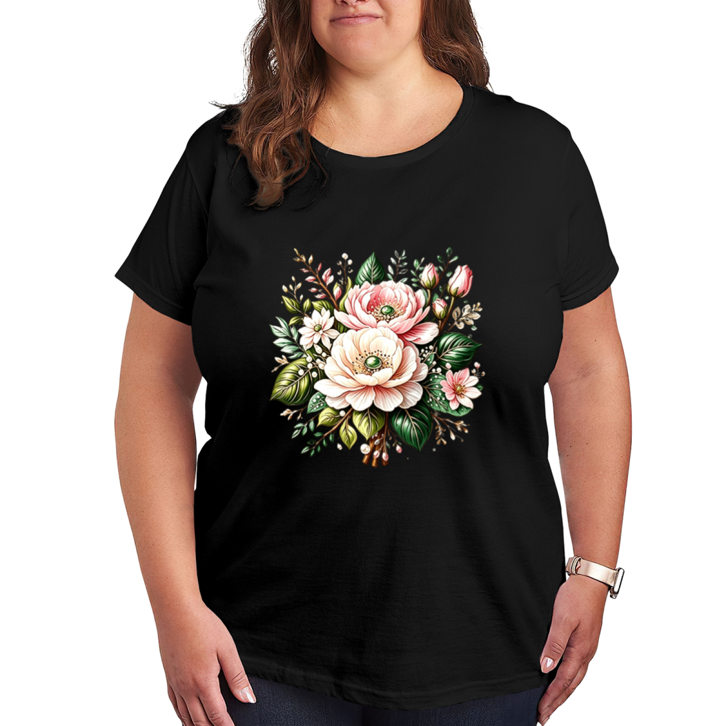 Soft Watercolor Pink Peony Bouquet Floral White Plus Size Women Printed T-Shirt