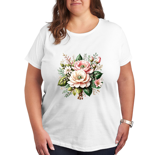 Soft Watercolor Pink Peony Bouquet Floral White Plus Size Women Printed T-Shirt