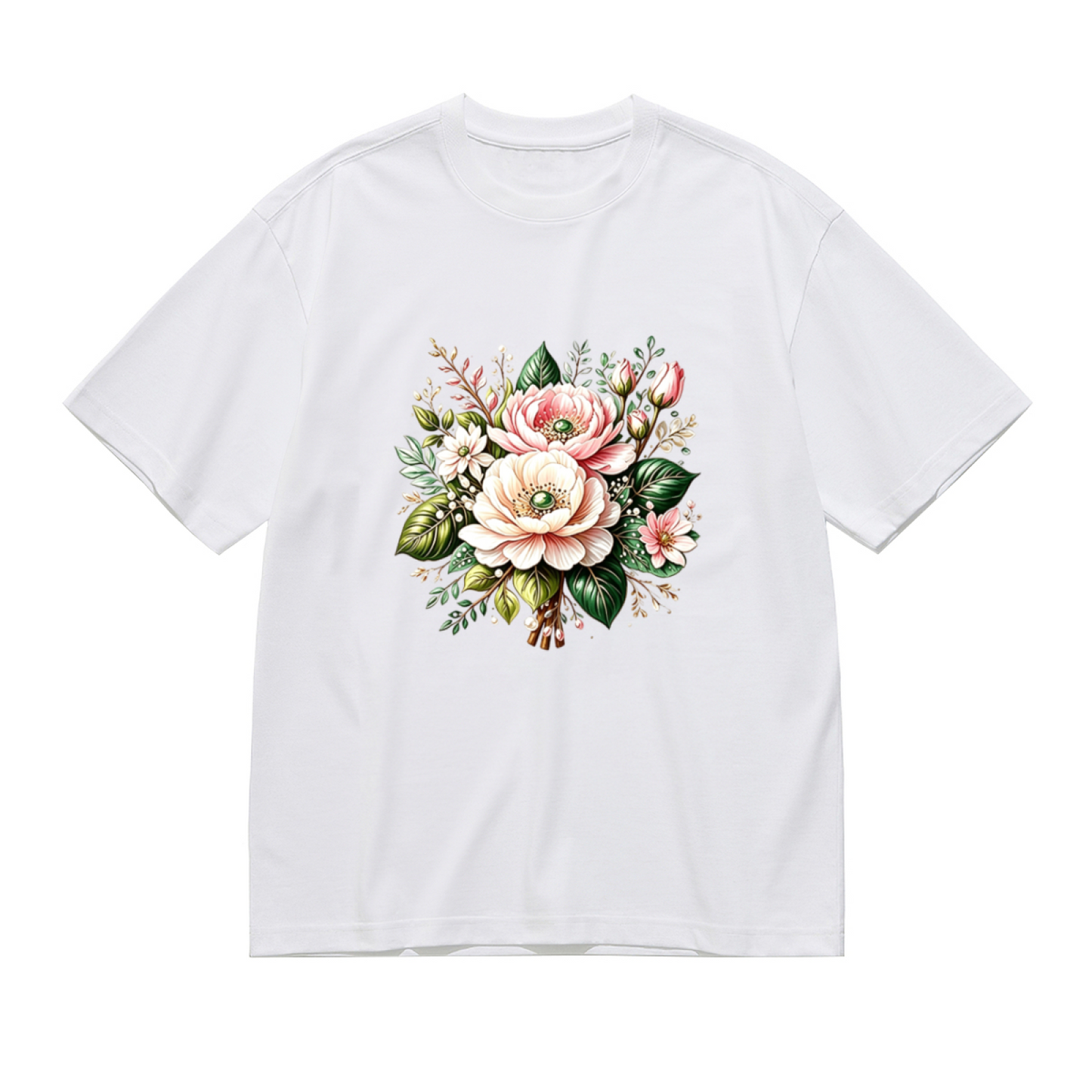 Soft Watercolor Pink Peony Bouquet Floral White Plus Size Women Printed T-Shirt