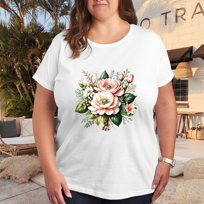 Soft Watercolor Pink Peony Bouquet Floral White Plus Size Women Printed T-Shirt
