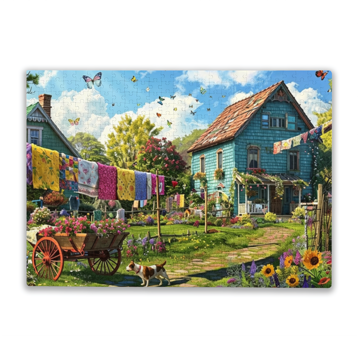 Colorful Cottage Garden with Laundry Line & Fluttering Butterflies Puzzle