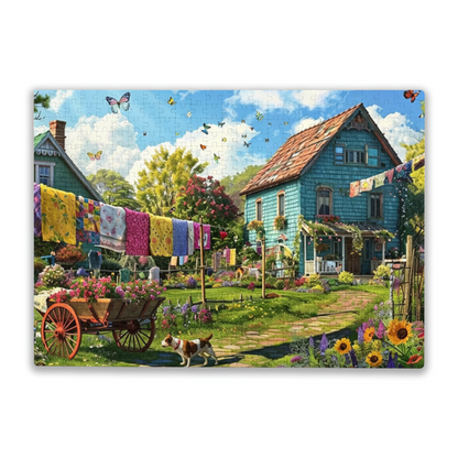 Colorful Cottage Garden with Laundry Line & Fluttering Butterflies Puzzle