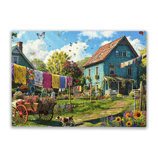 Colorful Cottage Garden with Laundry Line & Fluttering Butterflies Puzzle