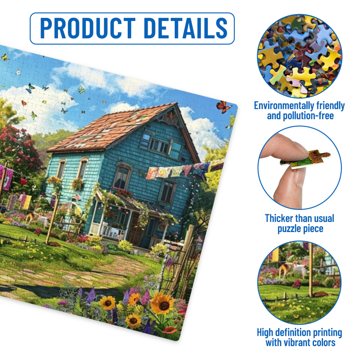 Colorful Cottage Garden with Laundry Line & Fluttering Butterflies Puzzle