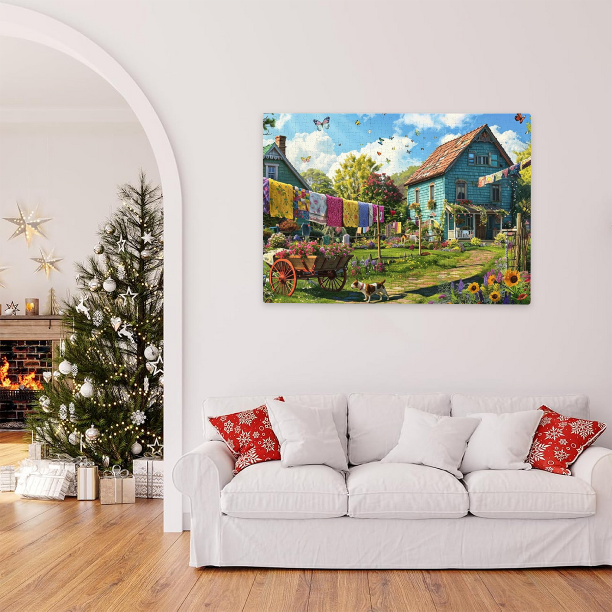 Colorful Cottage Garden with Laundry Line & Fluttering Butterflies Puzzle