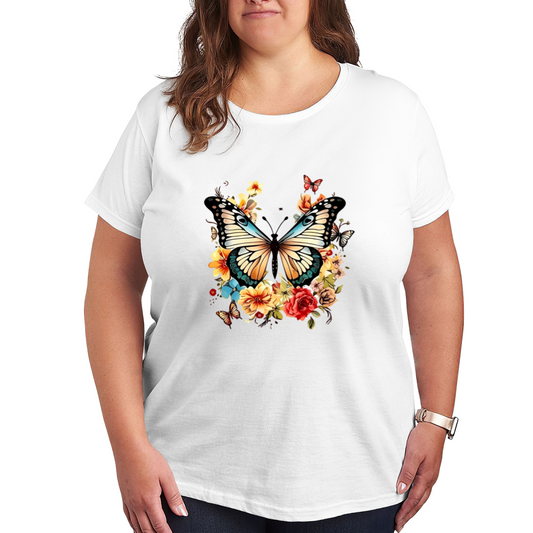 Gorgeous Watercolor Butterfly & Floral Art Plus Size Women Graphic Tee