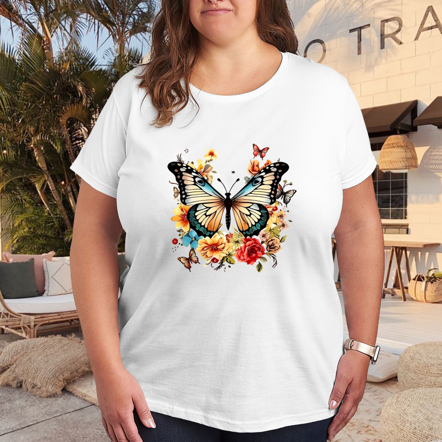 Gorgeous Watercolor Butterfly & Floral Art Plus Size Women Graphic Tee