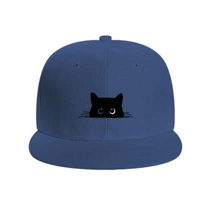 Peeking Black Cat Heterochromia Eyes Red Flat Brim Hat