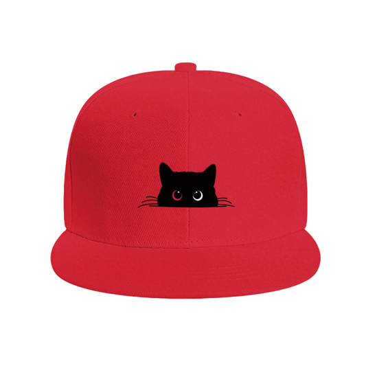 Peeking Black Cat Heterochromia Eyes Red Flat Brim Hat