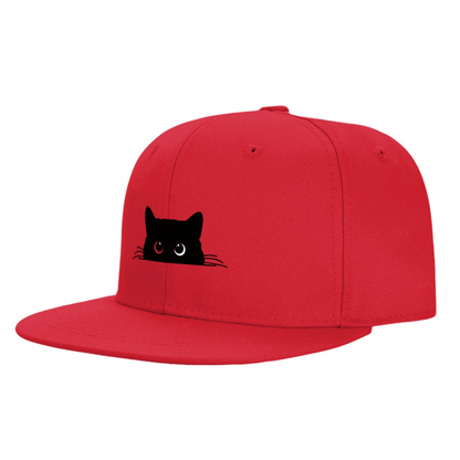 Peeking Black Cat Heterochromia Eyes Red Flat Brim Hat