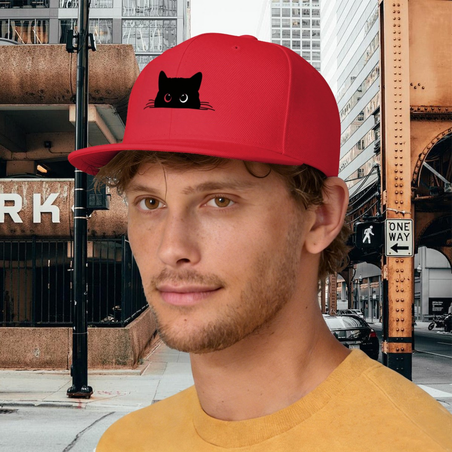 Peeking Black Cat Heterochromia Eyes Red Flat Brim Hat