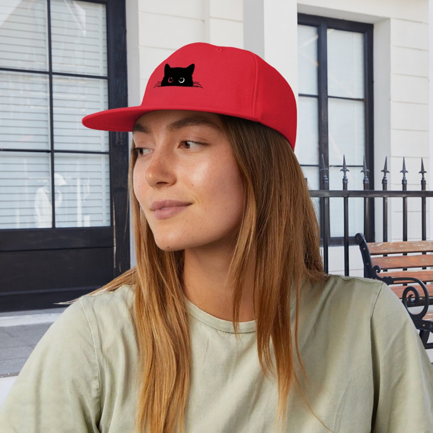 Peeking Black Cat Heterochromia Eyes Red Flat Brim Hat