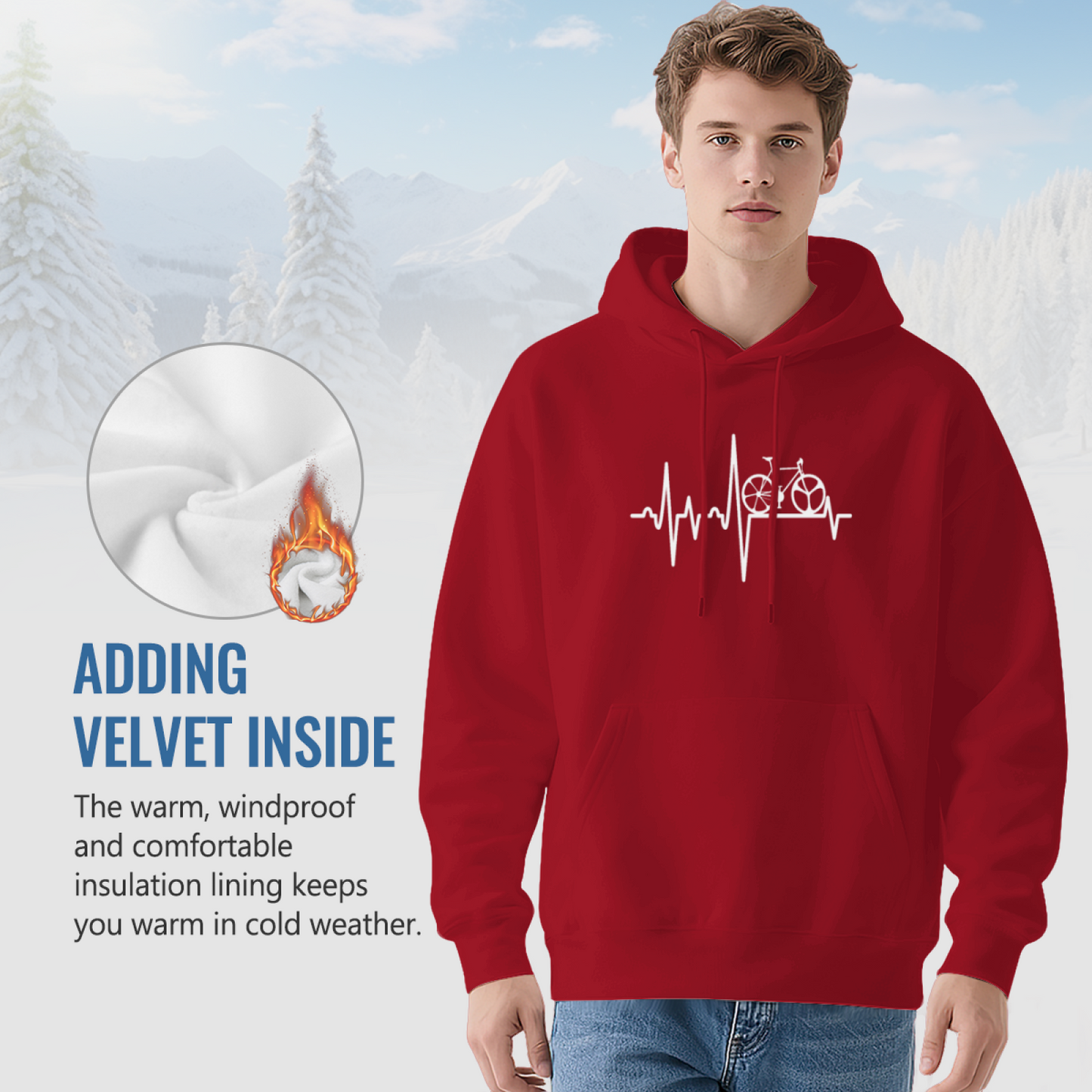 Cycling Heartbeat Bike EKG Graphic Hoodie, Soft Biker Daily Red Pullover