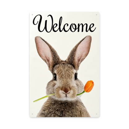 Cute Bunny Tulip Welcome Farmhouse Metal Wall Art