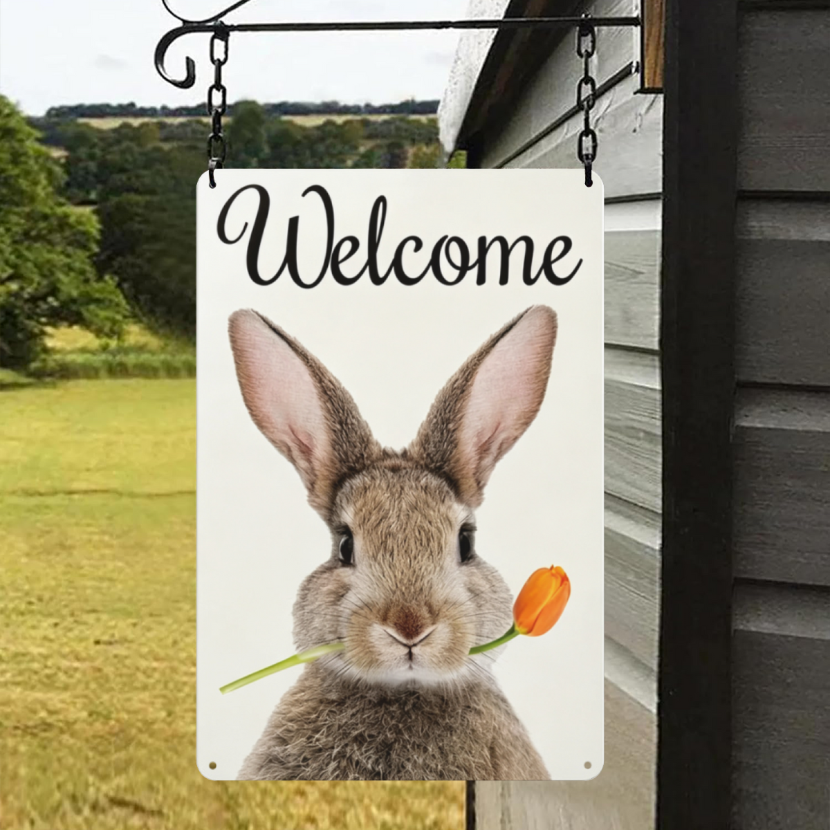 Cute Bunny Tulip Welcome Farmhouse Metal Wall Art