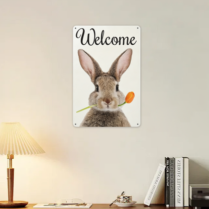 Cute Bunny Tulip Welcome Farmhouse Metal Wall Art