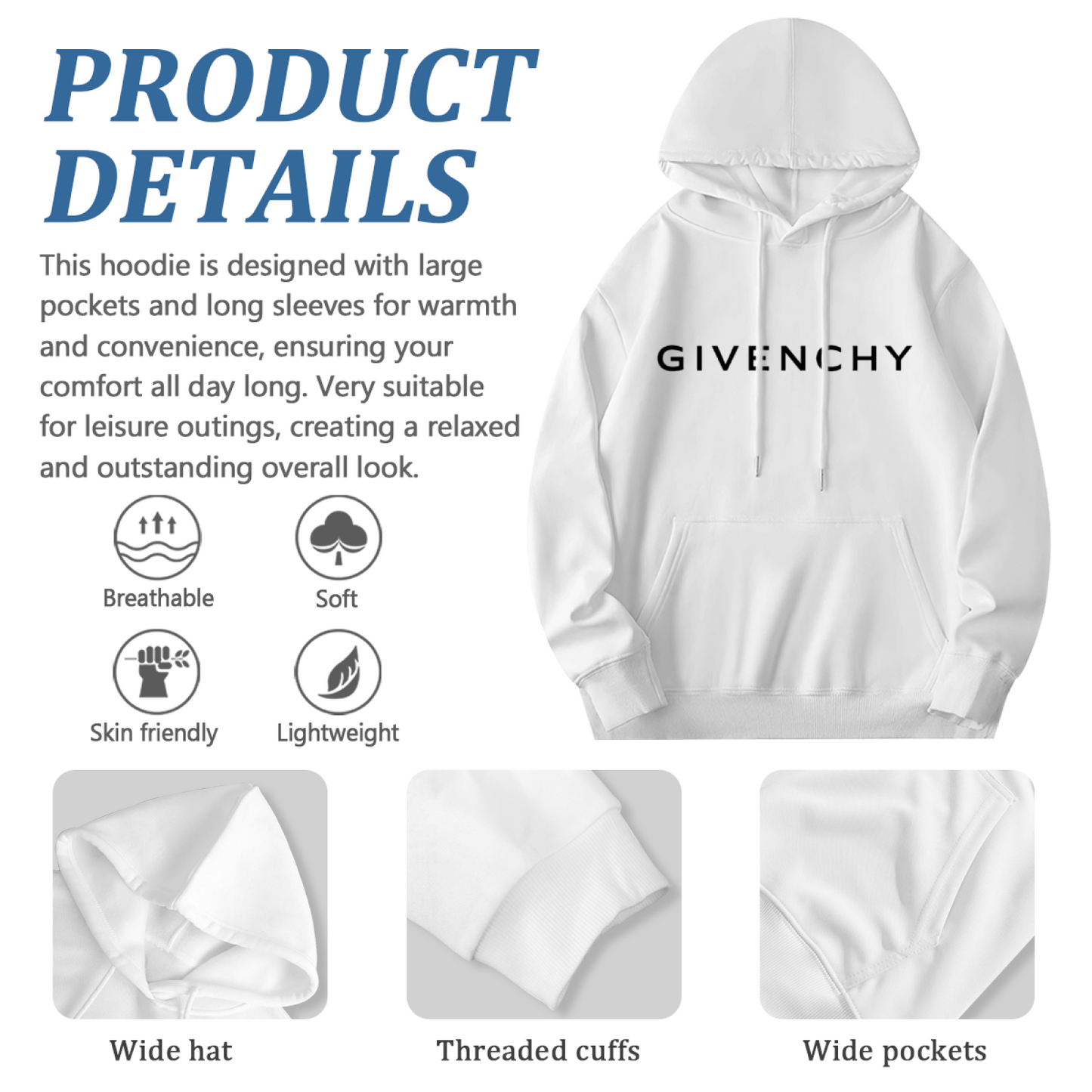 Minimal Givenchy Simple Logo Hoodie, Versatile Soft White Daily Hoodie