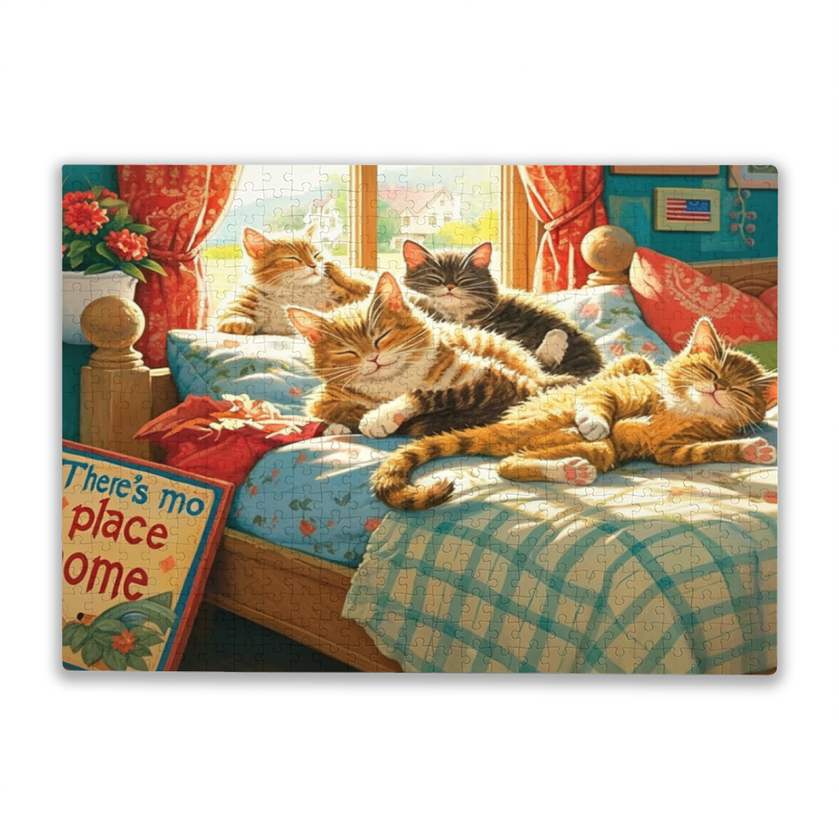 Cozy Sleepy Tabby Cats On Sunlit Bedroom Bed Jigsaw Puzzle | 300/500/1000 Pieces