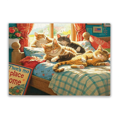Cozy Sleepy Tabby Cats On Sunlit Bedroom Bed Jigsaw Puzzle | 300/500/1000 Pieces