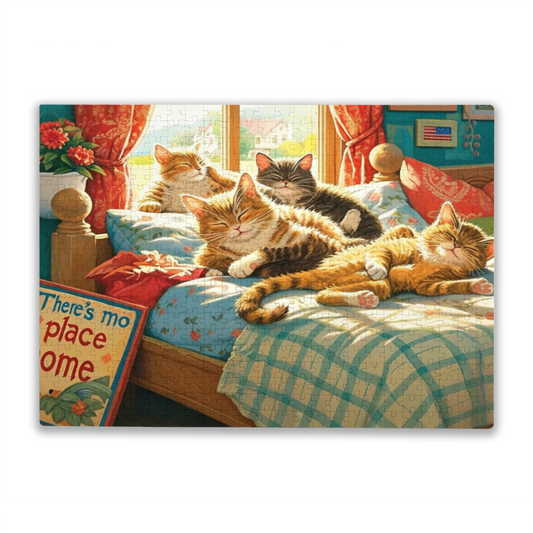Cozy Sleepy Tabby Cats On Sunlit Bedroom Bed Jigsaw Puzzle | 300/500/1000 Pieces