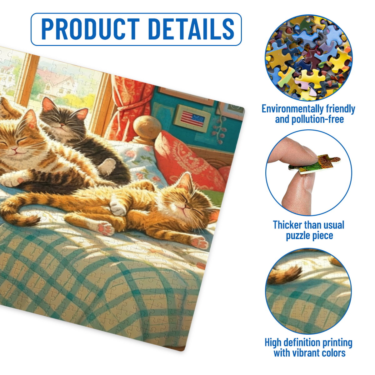 Cozy Sleepy Tabby Cats On Sunlit Bedroom Bed Jigsaw Puzzle | 300/500/1000 Pieces