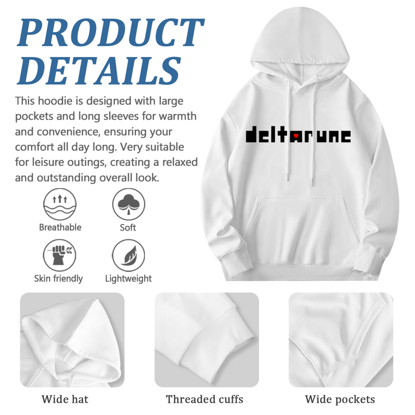 Pixel Deltarune Heart White Hoodie, Game Fan Lightweight Comfort Pullover
