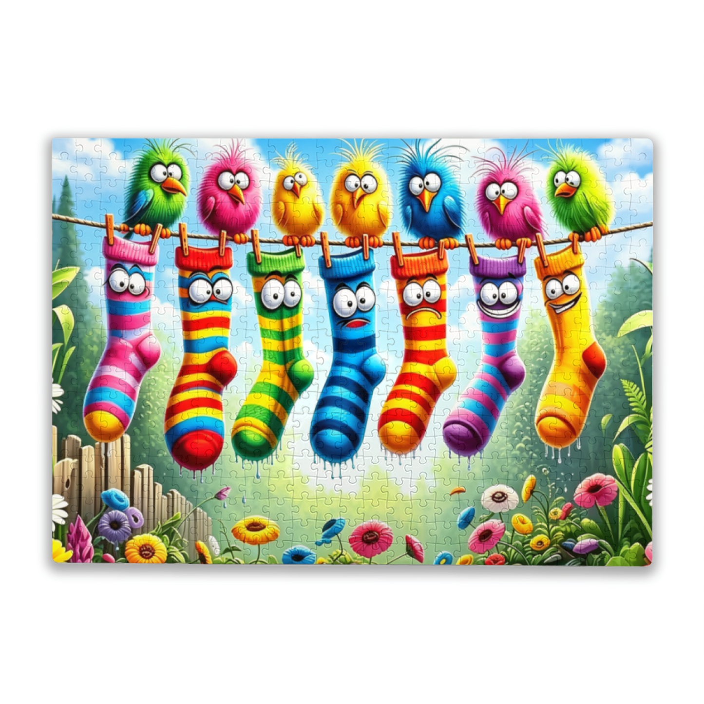 Vibrant Cartoon Birds & Funny Face Rainbow Socks Clothesline Jigsaw Puzzle | Kid?Friendly Colorful Floral Jigsaw Puzzle 300/500/1000 Pieces