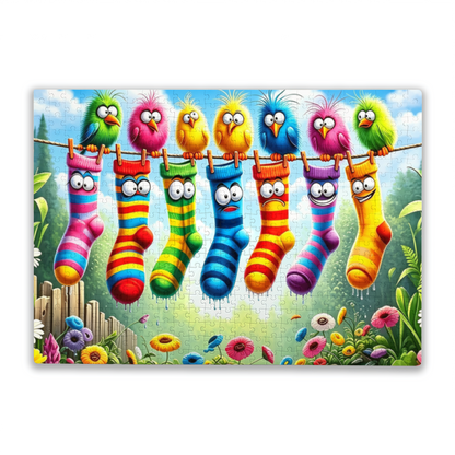 Vibrant Cartoon Birds & Funny Face Rainbow Socks Clothesline Jigsaw Puzzle | Kid?Friendly Colorful Floral Jigsaw Puzzle 300/500/1000 Pieces