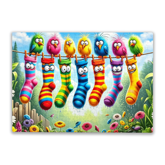 Vibrant Cartoon Birds & Funny Face Rainbow Socks Clothesline Jigsaw Puzzle | Kid?Friendly Colorful Floral Jigsaw Puzzle 300/500/1000 Pieces