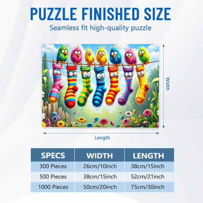 Vibrant Cartoon Birds & Funny Face Rainbow Socks Clothesline Jigsaw Puzzle | Kid?Friendly Colorful Floral Jigsaw Puzzle 300/500/1000 Pieces