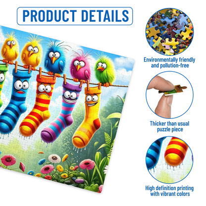Vibrant Cartoon Birds & Funny Face Rainbow Socks Clothesline Jigsaw Puzzle | Kid?Friendly Colorful Floral Jigsaw Puzzle 300/500/1000 Pieces