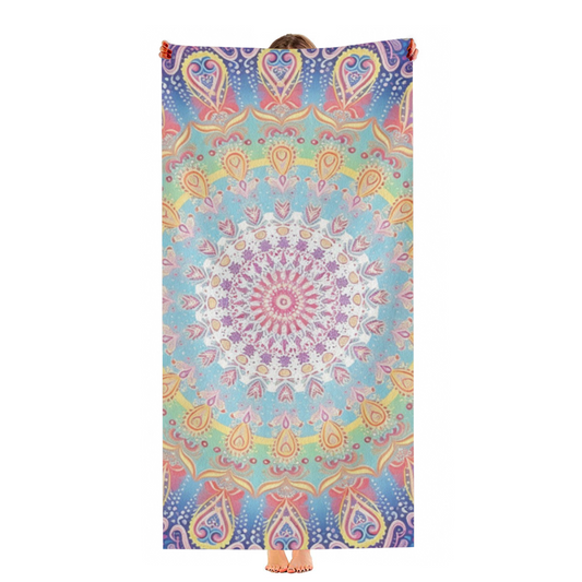 Vibrant Rainbow Mandala Bohemian Beach Towel, Super Comfortable, Lightweight and Strong Water Absorption