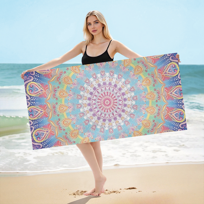Vibrant Rainbow Mandala Bohemian Beach Towel, Super Comfortable, Lightweight and Strong Water Absorption