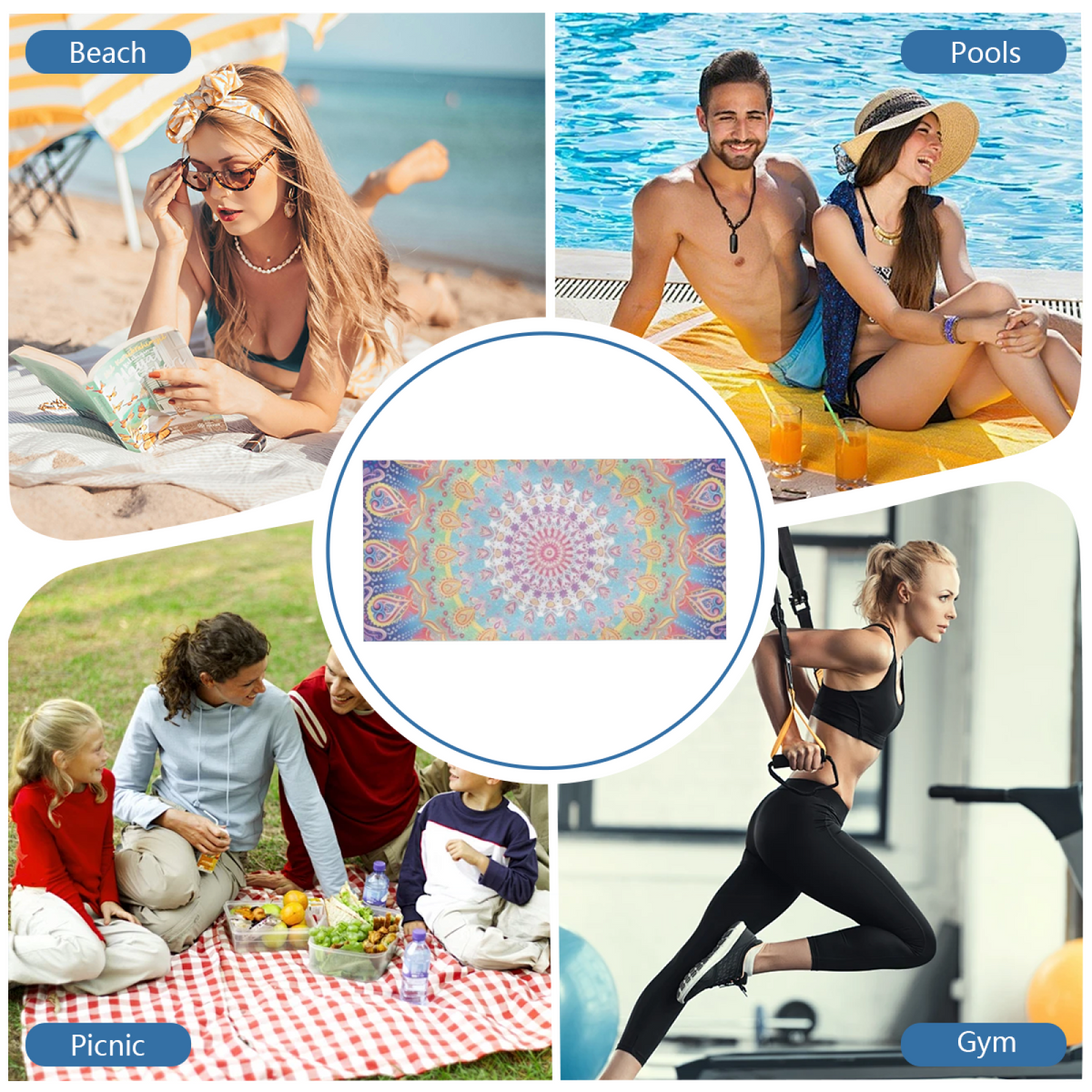 Vibrant Rainbow Mandala Bohemian Beach Towel, Super Comfortable, Lightweight and Strong Water Absorption