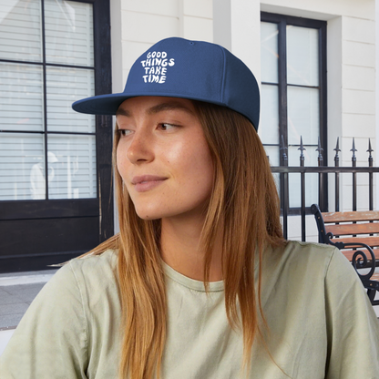 Inspiring Good Things Take Time Blue Flat Brim Snapback Hat
