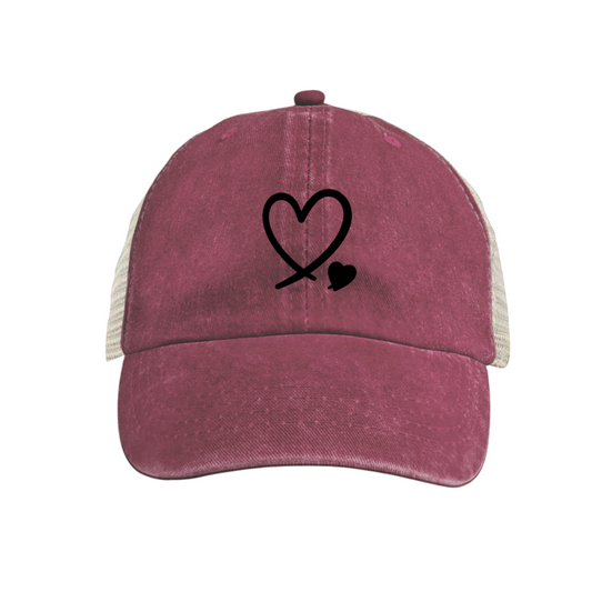 Double Black Hearts Maroon Vintage Washed Mesh Trucker Cap, Sweet Love Breathable Hat