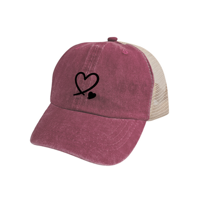 Double Black Hearts Maroon Vintage Washed Mesh Trucker Cap, Sweet Love Breathable Hat