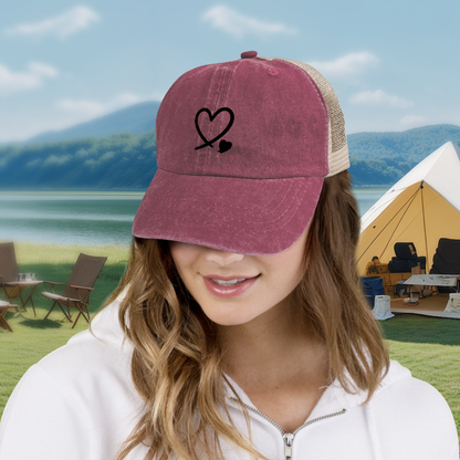 Double Black Hearts Maroon Vintage Washed Mesh Trucker Cap, Sweet Love Breathable Hat