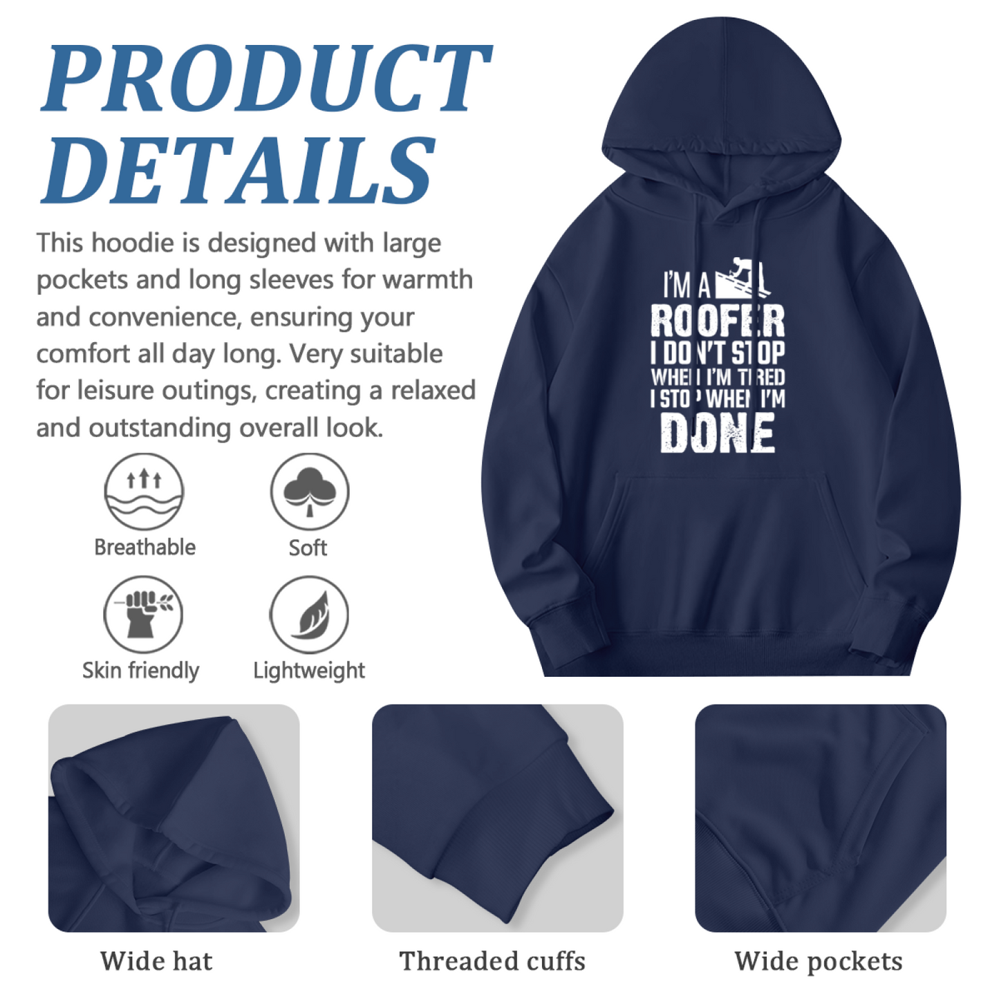 Roofer Worker Slogan Navy Hoodie, Men Durable Comfort Work Hoodie