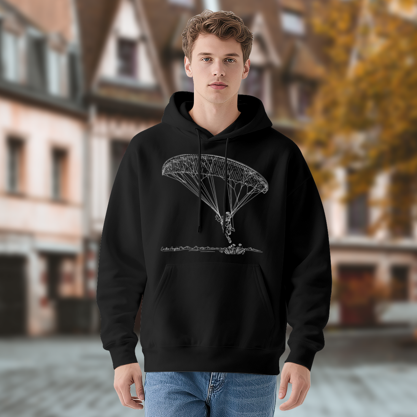 Paragliding Line Art Black Hoodie, Outdoor Sport Lover Ultra Comfort Sweatshirt