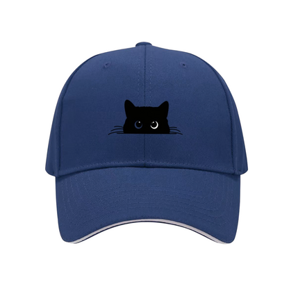 Peeking Black Cat Silhouette White Sandwich Baseball Cap, Cat Mom Cute Peaked Hat
